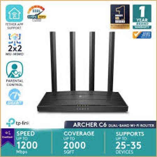 TP-Link Archer C6 V4 - Supports 802.11 AC Standard - Simultaneous 2.4GHz 400 Mbps - MU-MIMO Dual WiFi Router
